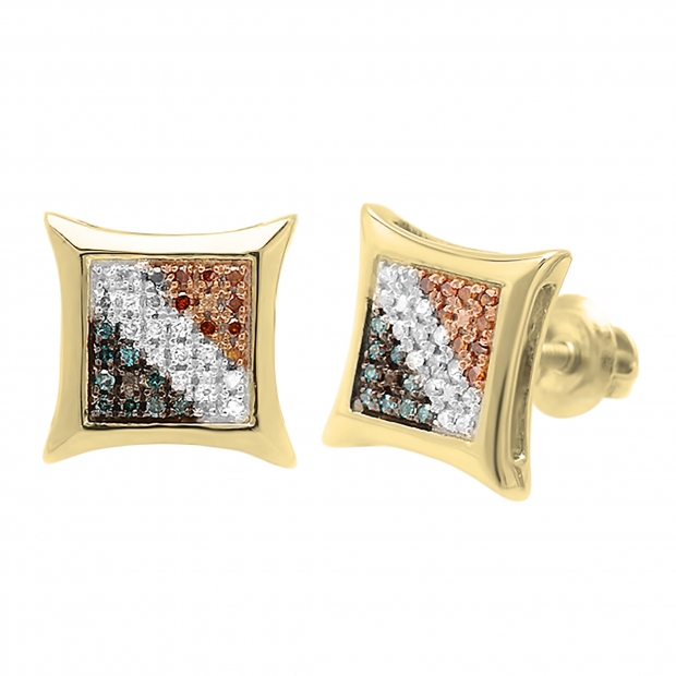 0.15 Carat (ctw) 10k Yellow Gold Blue White & Red Round Diamond Micro Pave Setting Kite Shape Stud Earrings