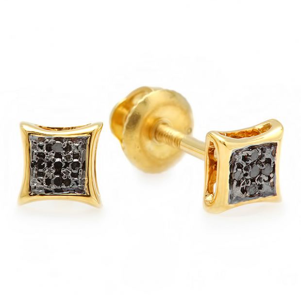 0.05 Carat (ctw) 18k Yellow Gold Plated Sterling Silver Black Round Diamond Micro Pave Setting Kite Shape Stud Earrings