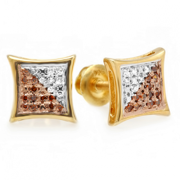 0.10 Carat (ctw) Yellow Gold Plated Sterling Silver Red & White Round Diamond Micro Pave Setting Kite Shape Stud Earrings