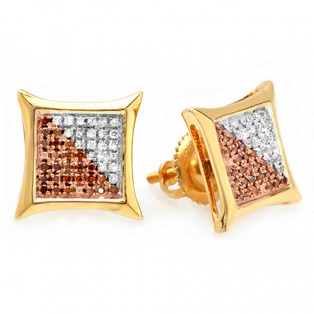 0.25 Carat (ctw) 18k Yellow Gold Plated Sterling Silver Red & White Round Diamond Micro Pave Setting Kite Shape Stud Earrings