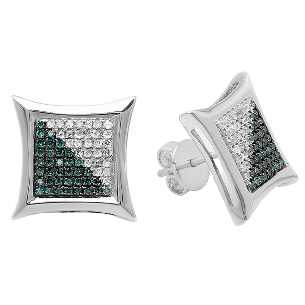 0.38 Carat (ctw) Round White & Blue Diamond Micro Pave Kite Shape Stud Earrings, Sterling Silver