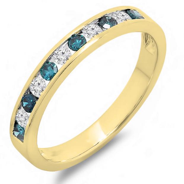 0.40 Carat (ctw) 10K Yellow Gold Round White & Blue Diamond Ladies Anniversary Wedding Stackable Ring Band