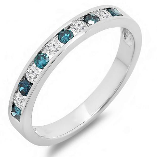 0.40 Carat (ctw) 10k White Gold Round White & Blue Diamond Ladies Anniversary Wedding Stackable Ring Band