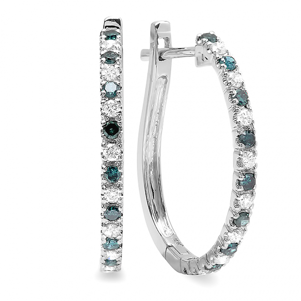 0.50 Carat (ctw) 10k White Gold White & Blue Round Diamond Ladies Hoop Earrings 1/2 CT