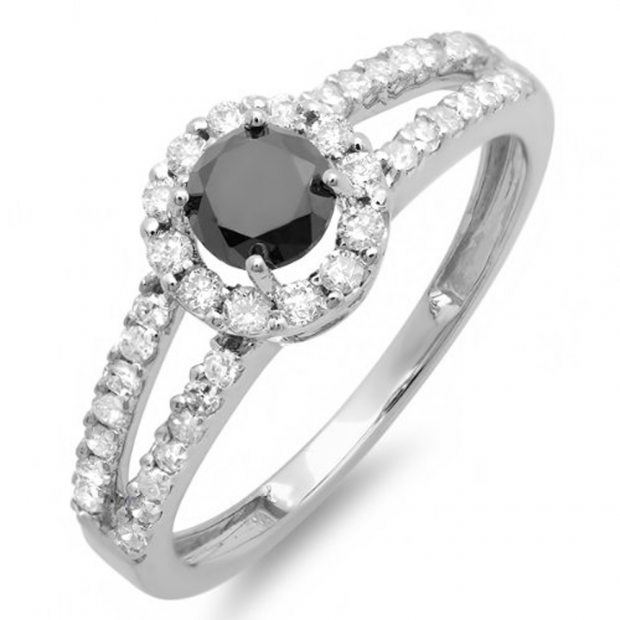 1.15 Carat (ctw) 14K White Gold Round Black and White Diamond Ladies Engagement Halo Style Bridal Ring