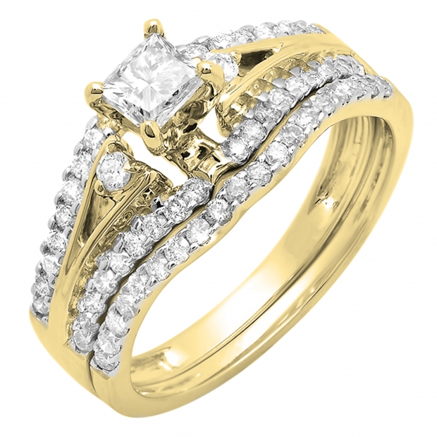 1.00 Carat (ctw) 14k Yellow Gold Princess & Round Diamond Ladies Ring Engagement Bridal Wedding Band Set 1 CT