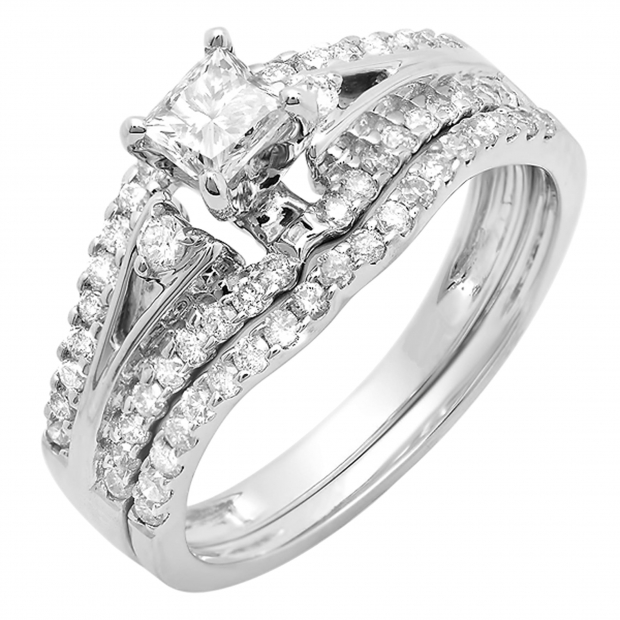 1.00 Carat (ctw) 14k White Gold Princess & Round Diamond Ladies Ring Engagement Bridal Wedding Band Set 1 CT