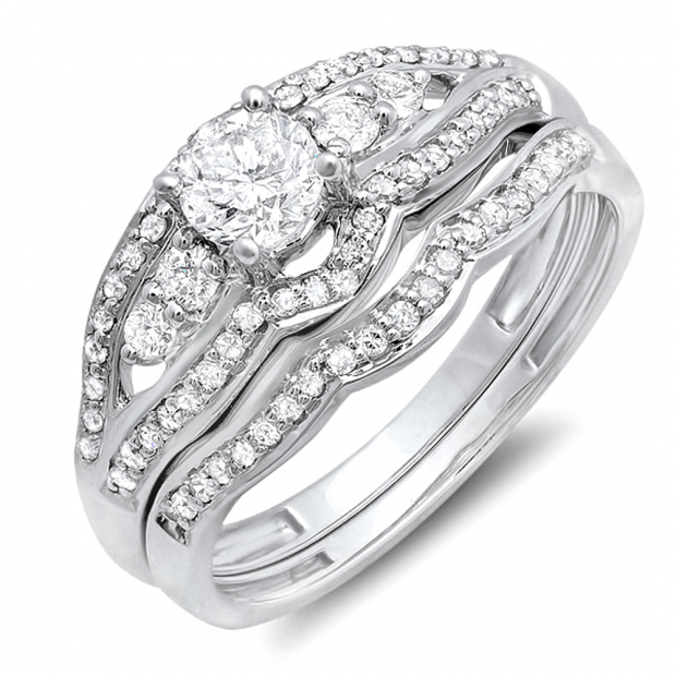 0.90 Carat (ctw) 14k White Gold Round Diamond Ladies Bridal Engagement Ring Set Matching Band