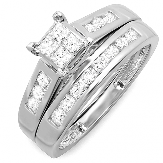 0.75 Carat (ctw) 14K White Gold Princess & Round Diamond Ladies Bridal Engagement Ring Set Matching Band