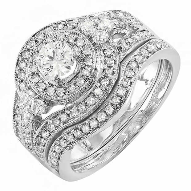 1.00 Carat (ctw) 14k White Gold Round Diamond Ladies Vintage Bridal Engagement Ring Set