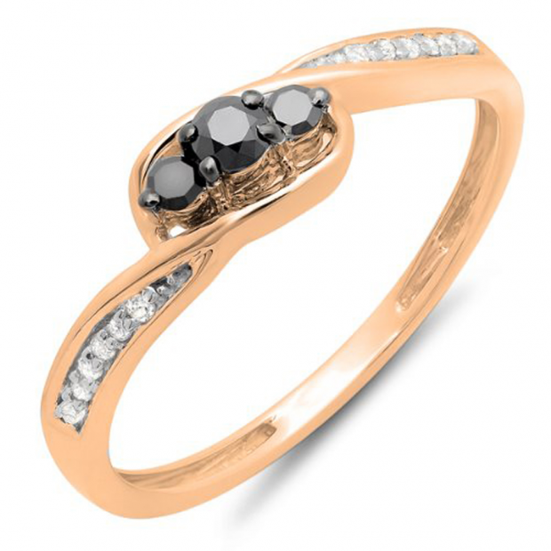 0.25 Carat (ctw) 10k Rose Gold Round Black & White Diamond Ladies 3 Stone Engagement Promise Ring 1/4 CT