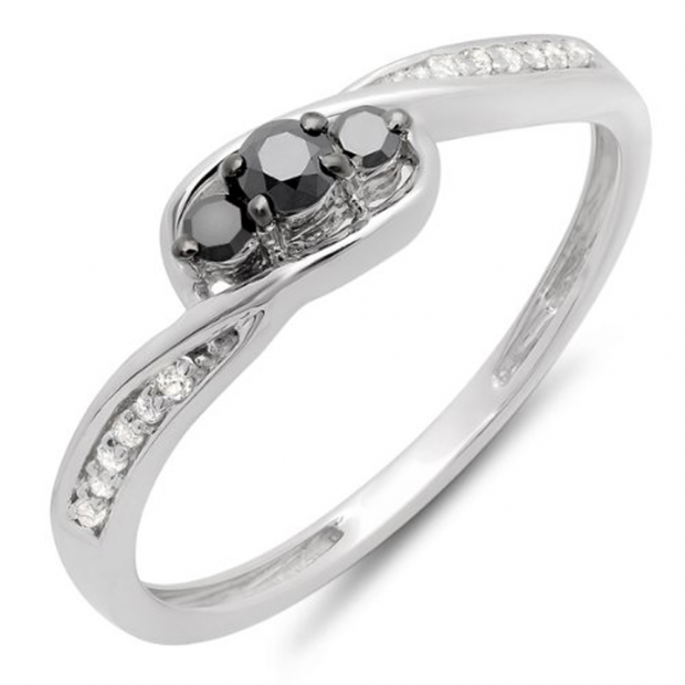 0.25 Carat (ctw) 10k White Gold Round Black & White Diamond Ladies 3 Stone Engagement Promise Ring 1/4 CT