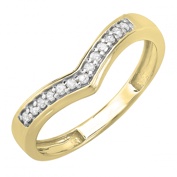 0.15 Carat (ctw) 10K Yellow Gold White Round Real Diamond Wedding Stackable Band Anniversary Guard Chevron Ring