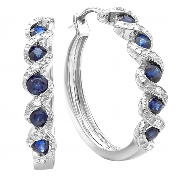 0.86 Carat (ctw) Sterling Silver Round White Diamond & Blue Sapphire Hoop Earrings