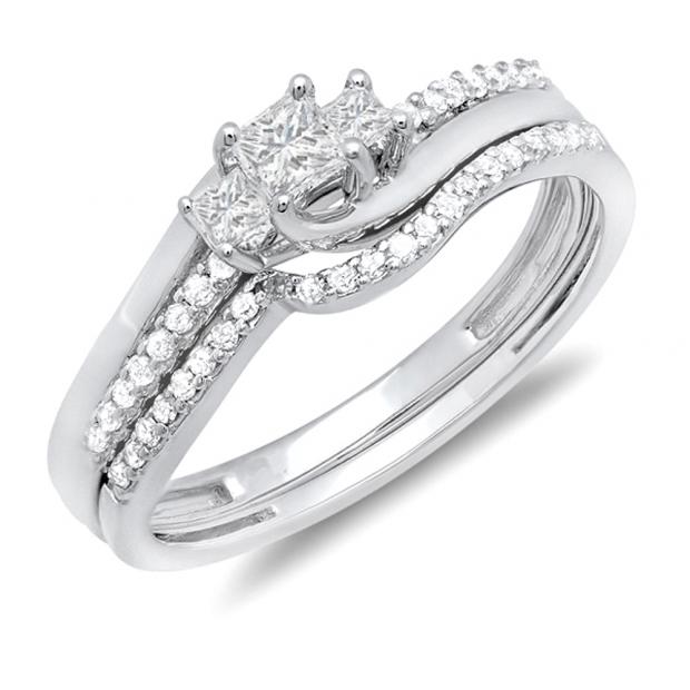 0.50 Carat (ctw) 10k White Gold Princess & Round Diamond 3 Stone Ladies Bridal Engagement Ring 1/2 CT