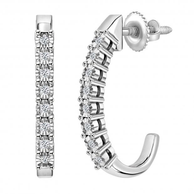 Round White Diamond J Shaped Classic Screw Back Hoop Earrings for Her (0.15 ctw, Color I-J, Clarity I1-I2) in 14K White Gold