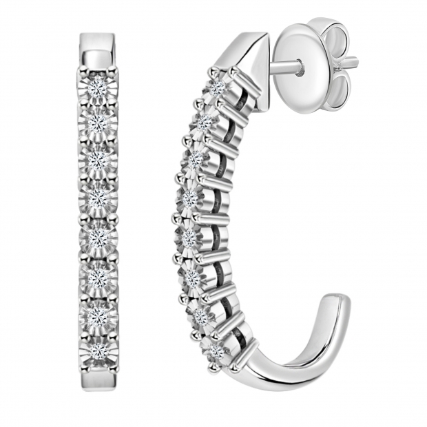 Round White Diamond J Shaped Classic Push Back Hoop Earrings for Her (0.15 ctw Color I-J Clarity I2-I3) in 925 Sterling Silver