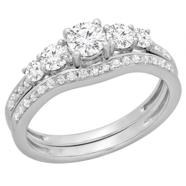 0.75 Carat (ctw) 18K White Gold Round Cut Diamond Ladies 5 Stone Bridal Engagement Ring With Matching Band Set 3/4 CT