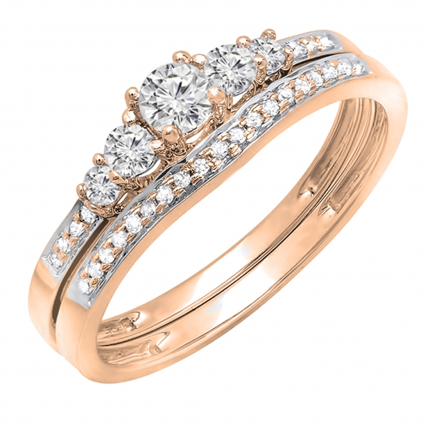 1.00 Carat (ctw) 14K Rose Gold Round Cut Diamond Ladies 5 Stone Bridal Engagement Ring With Matching Band Set 1 CT