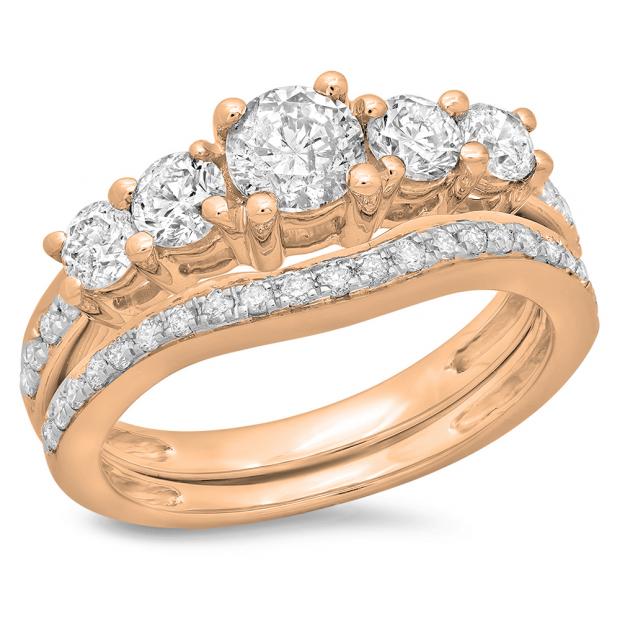 1.50 Carat (ctw) 14K Rose Gold Round Cut Diamond Ladies 5 Stone Bridal Engagement Ring With Matching Band Set 1 1/2 CT