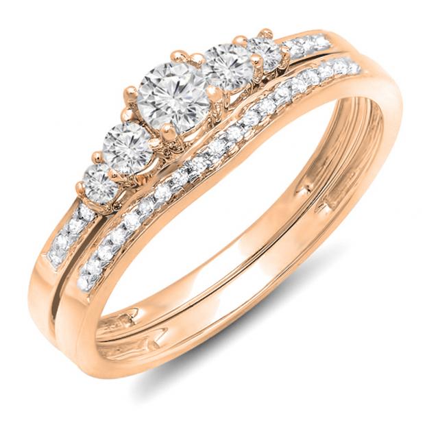 0.45 Carat (ctw) Round Diamond Ladies 5 Stone Bridal Engagement Ring Matching Band Set 1/2 CT 14k Rose Gold