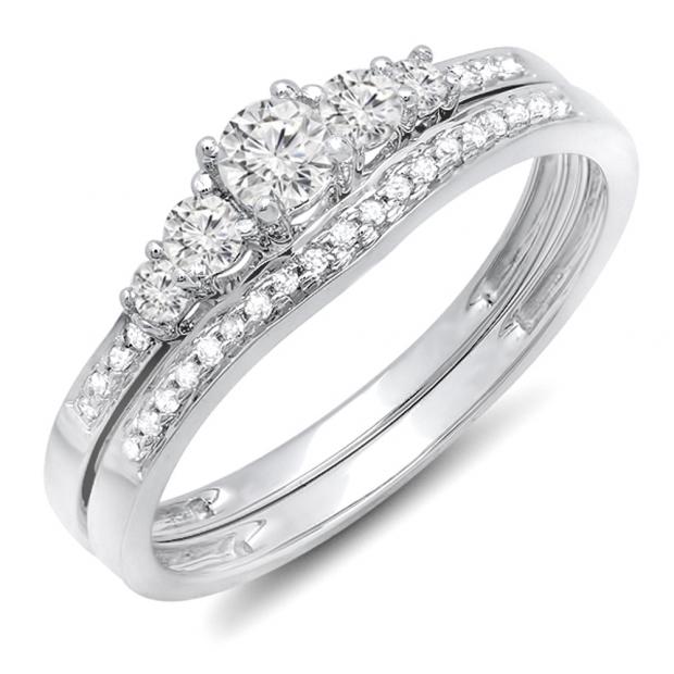 0.45 Carat (ctw) Round Diamond Ladies 5 Stone Bridal Engagement Ring Matching Band Set 14k White Gold