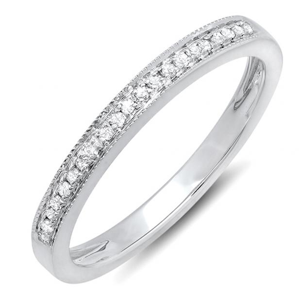 0.15 Carat (ctw) 10k White Gold Round White Real Diamond Wedding Anniversary Milgrain Stackable Band Ring