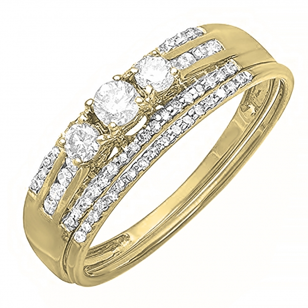 0.40 Carat (ctw) 14k Yellow Gold Round Diamond Ladies 3 Stone Bridal Ring Engagement Set