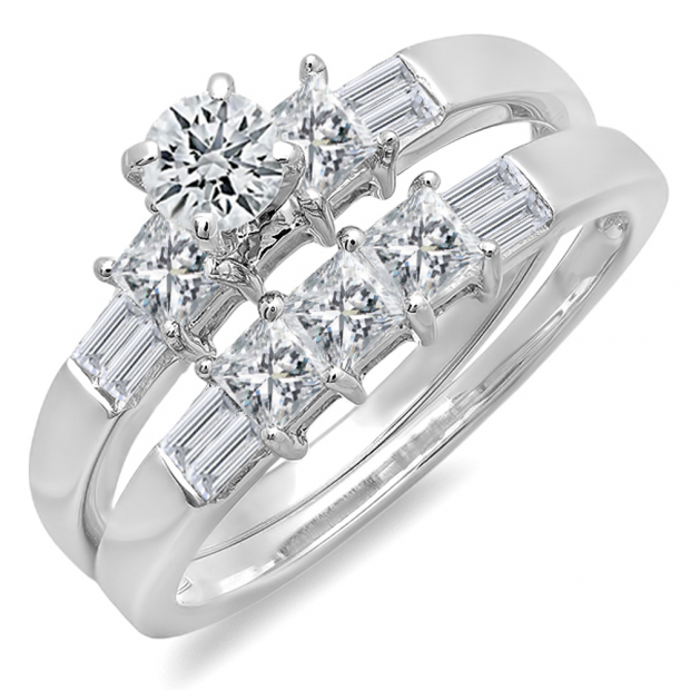 1.50 Carat (ctw) 14k White Gold Round Princess & Baguette Diamond Ladies Bridal Engagement Ring Matching Band Set