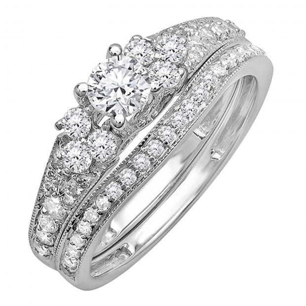 1.00 Carat (ctw) 10k White Gold Round Diamond Ladies Bridal Engagement Ring Matching Band Set