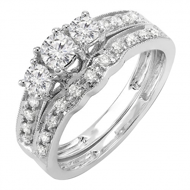 0.70 Carat (ctw) 14k White Gold 3 Stone Ladies Round Diamond Engagement Ring Bridal Matching Band Set