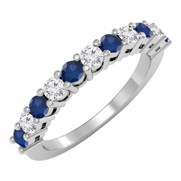 Alternate Round Blue Sapphire & 0.38 Carat White Diamond Stackable Wedding Band for Women in 10K White Gold