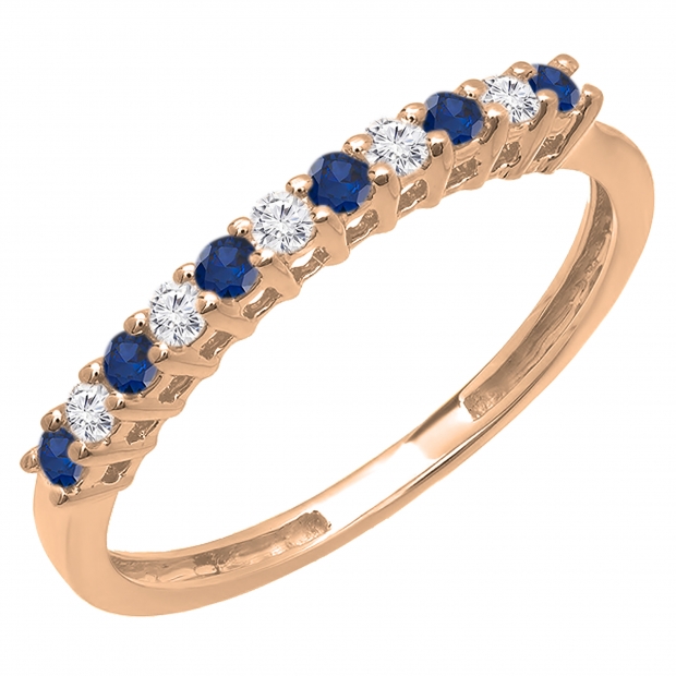 Alternate Round 0.28 Carat Blue & 0.22 Carat White Cubic Zirconia Stackable Wedding Band for Women in 10K Rose Gold