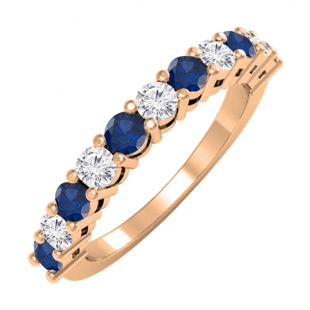 Alternate Round Blue Sapphire & 0.50 Carat White Diamond Stackable Wedding Band for Women in 10K Rose Gold