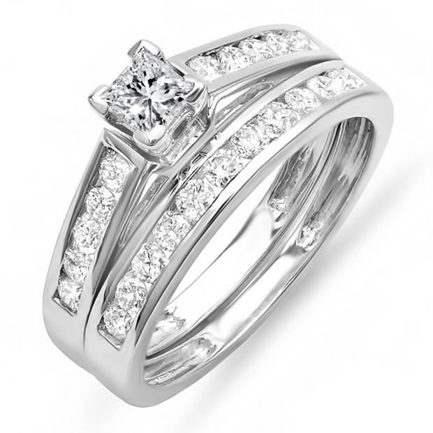 0.80 Carat (ctw) 10k White Gold Princess and Round Diamond Ladies Bridal Engagement Ring Matching Band Set 4/5 CT