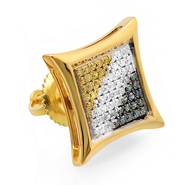 0.16 Carat (ctw) 14K Yellow Gold Round Blue White & Yellow Diamond Micro Pave Kite Shape Stud Earring 1/6 CT (Only 1pc)