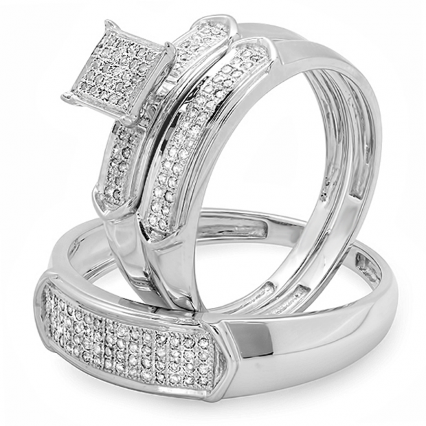 0.33 Carat (ctw) 14K White Gold Round White Diamond Men & Womens Micro Pave Engagement Ring Trio Bridal Set 1/3 CT