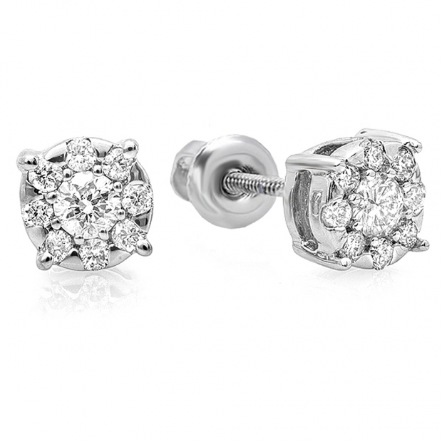 0.33 Carat (ctw) 14K White Gold Round Cut Diamond Round Shape Cluster Earrings 1/3 CT Look of 1 CT