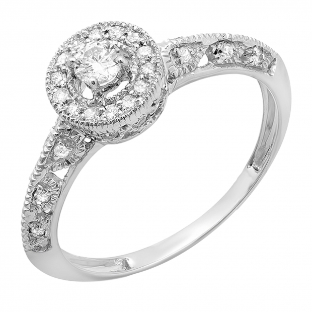 0.38 Carat (Ctw) 14k White Gold Round Diamond Bridal Halo Style Vintage & Antique Milgrain Engagement Ring