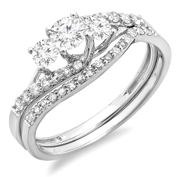 0.75 Carat (ctw) 14K White Gold Round Diamond Ladies 3 Stone Bridal Engagement Ring Matching Band Set 3/4 CT