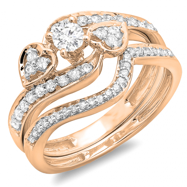 0.75 Carat (ctw) 14K Rose Gold Round Diamond Ladies Bridal Engagement Ring With Two Wedding Bands 3 Piece Set 3/4 CT