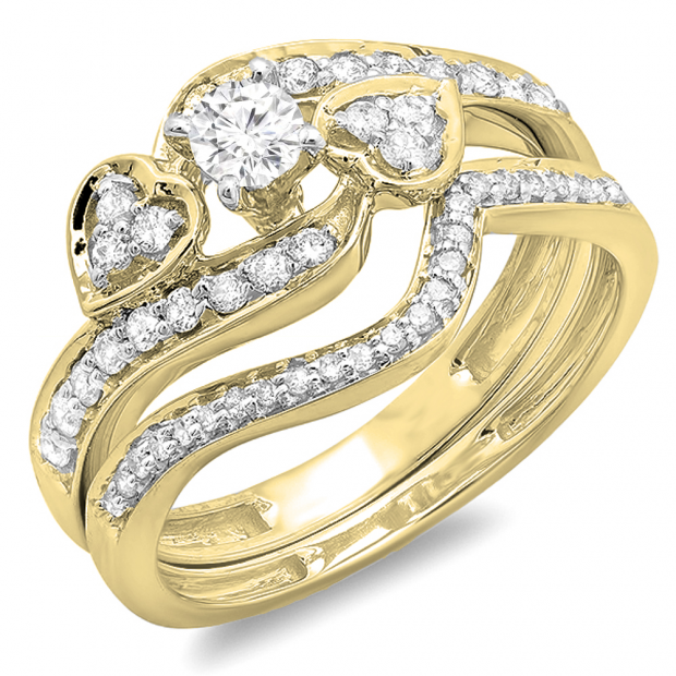 0.75 Carat (ctw) 18K Yellow Gold Round Diamond Ladies Bridal Engagement Ring With Two Wedding Bands 3 Piece Set 3/4 CT