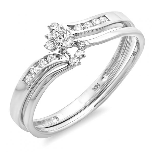 0.20 Carat (ctw) 14k White Gold Marquise & Round Diamond Ladies Swirl Engagement Matching Band Bridal Ring Set 1/5 CT