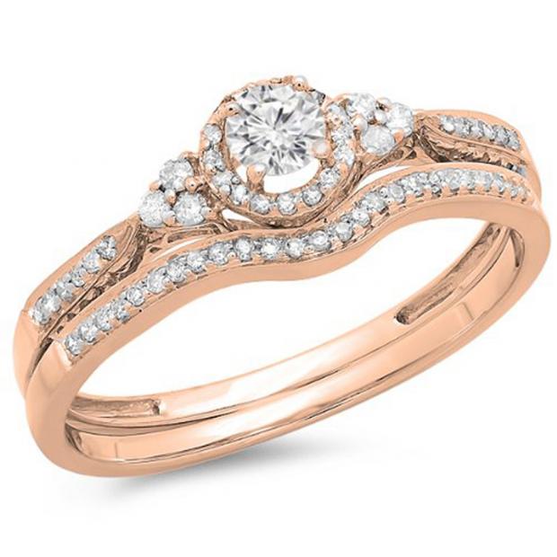 0.33 Carat (ctw) 14K Rose Gold Round Diamond Ladies Halo Style Bridal Engagement Ring Matching Band Set 1/3 CT