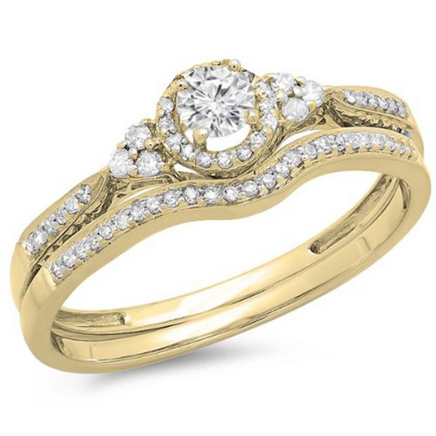 0.33 Carat (ctw) 14K Yellow Gold Round Diamond Ladies Halo Style Bridal Engagement Ring Matching Band Set 1/3 CT