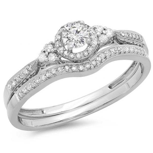 0.33 Carat (ctw) 14K White Gold Round Diamond Ladies Halo Style Bridal Engagement Ring Matching Band Set 1/3 CT