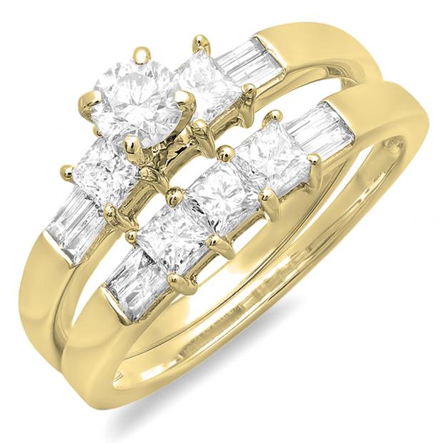 1.00 Carat (ctw) 10K Yellow Gold Round Princess & Baguette Cut Diamond Ladies Bridal Engagement Ring Set 1 CT
