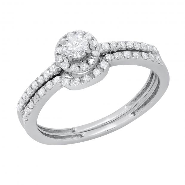 0.45 Carat (ctw) 10k White Gold Round Diamond Ladies Halo Style Bridal Engagement Ring Matching Band Set