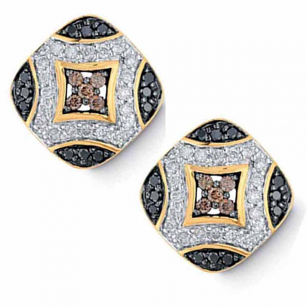 0.75 Carat (ctw) 14K Yellow Gold Round Three Stone Black Champagne and White Diamond Fine Stud Earrings
