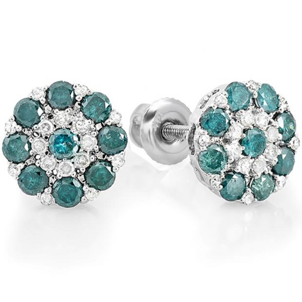 1.25 Carat (ctw) 14K White Gold Round White & Blue Diamond Fancy Shaped Cluster Earrings